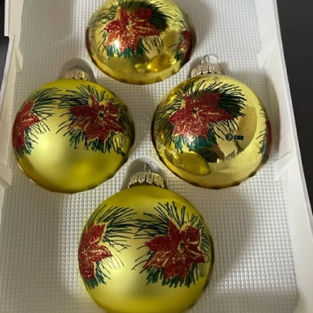 SANTA'S WORKBENCH 4 GLASS ORNAMENTS Glittered Poinsettia RED GOLD Green 2005 Exc